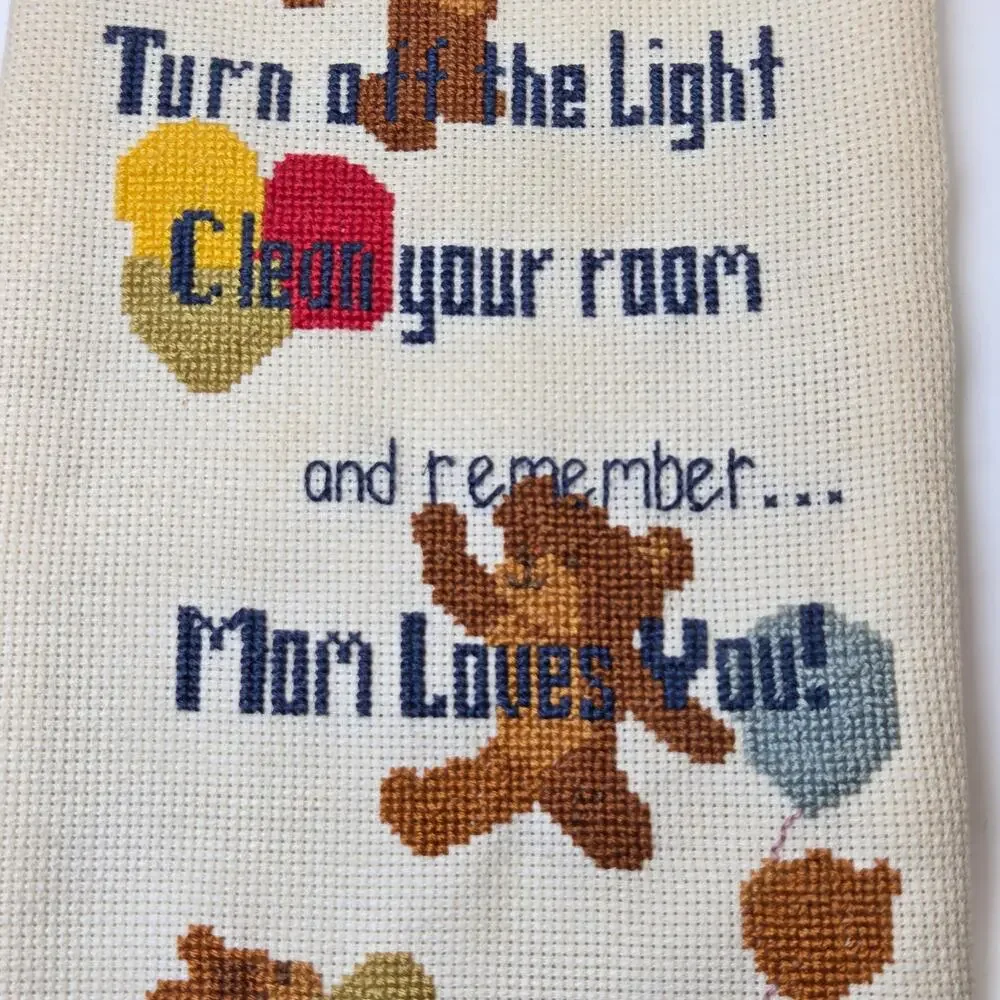 Vintage Teddy Bear Needlepoint Wall Hanging Bell Mom Loves You Nursery Decor